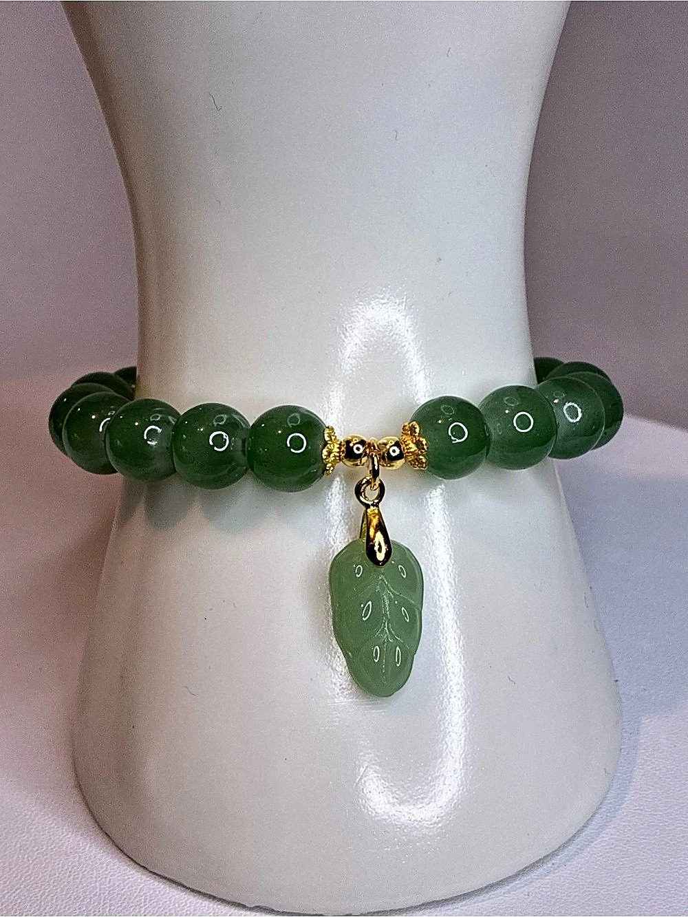 Green & Gold Beaded Leaf Charm Bracelet